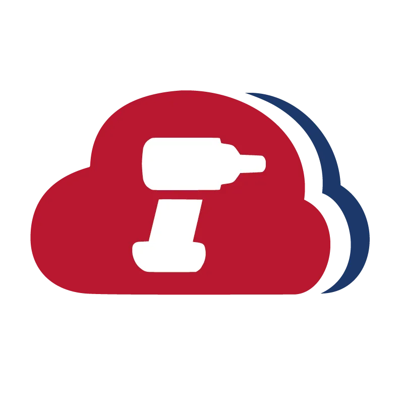 Rote Wolke mit einem weißen Akkuschrauber, hinter der roten Wolke ist ein Teil einer grauen Wolke zu sehen.