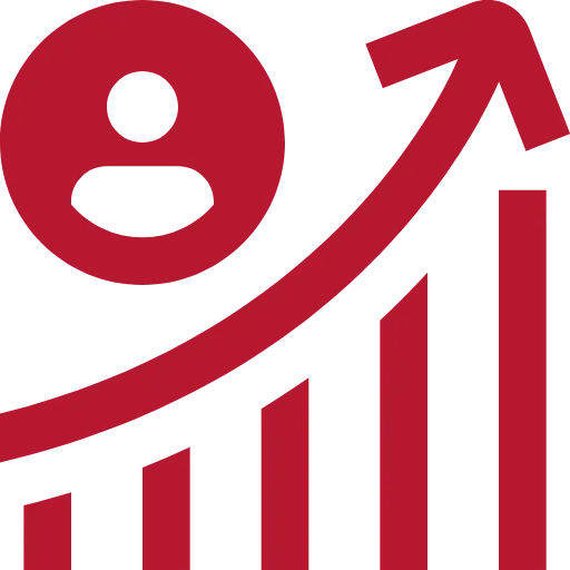 Rotes Symbol eines Graphen, der sich steil nach oben bewegt. Klein daneben ist eine Person in einem roten Kreis zu sehen, die die Kurve nach oben begleitet.