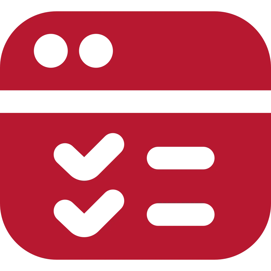 Rotes Symbol einer Karteikarte, auf der mehrere Stichpunkte abgehakt sind.