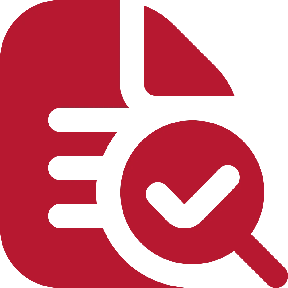 Rotes Symbol eines Dokuments mit einer Lupe im Vordergrund.