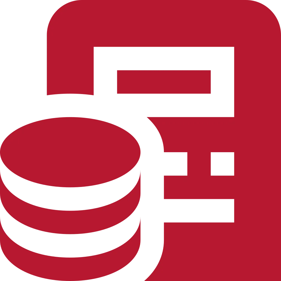 Rotes Symbol eines Taschenrechners mit einem Stapel Münzen davor.