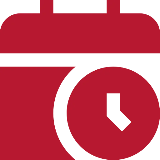 Rotes Symbol eines Kalenders mit einer Zeigeruhr im Vordergrund.