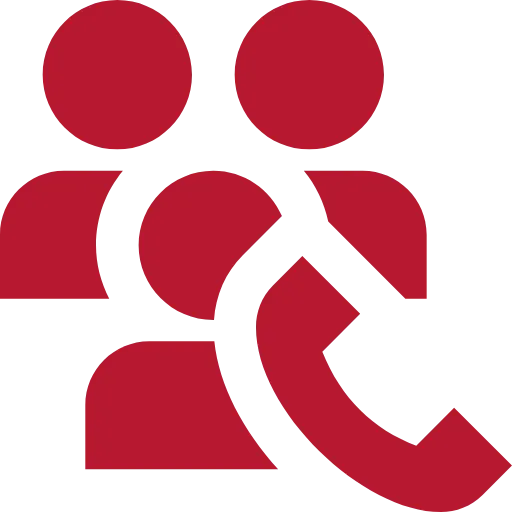 Rotes Symbol von drei Personen mit einem Telefonhörer im Vordergrund.