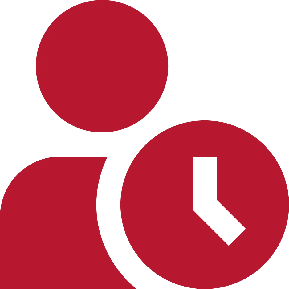 Rotes Symbol einer Person mit einer Zeigeruhr im Vordergrund.