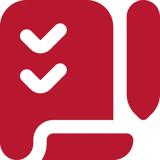 Rotes Symbol eines Dokuments, auf dem mehrere Häkchen zu sehen sind, mit einem roten Stift daneben.