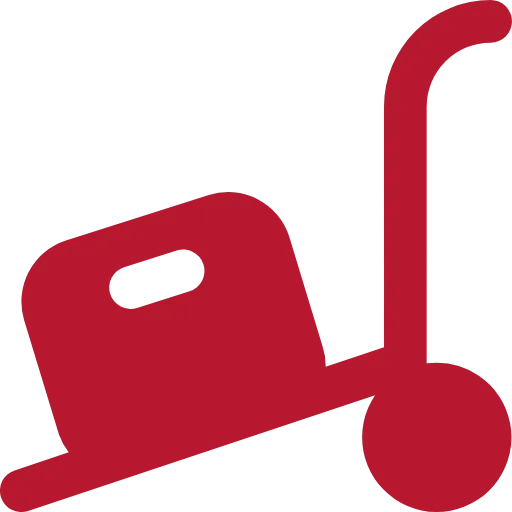 Rotes Symbol einer Schubkarre, die ein Paket transportiert.