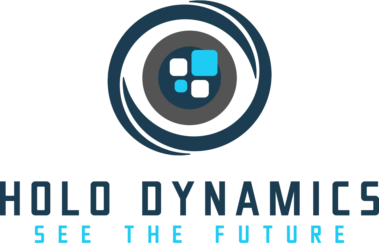 Logo von Holo Dynamics, Schriftzug in blauen Farben, mit futuristischem Design und einem Symbol für 3D-Technologie