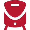 Rotes Symbol einer Frontalansicht eines Zuges, der sich auf Schienen nach vorne bewegt.