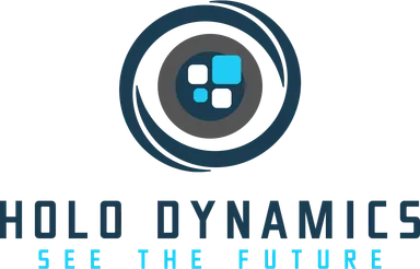 Logo von Holo Dynamics, Schriftzug in blauen Farben, mit futuristischem Design und einem Symbol für 3D-Technologie