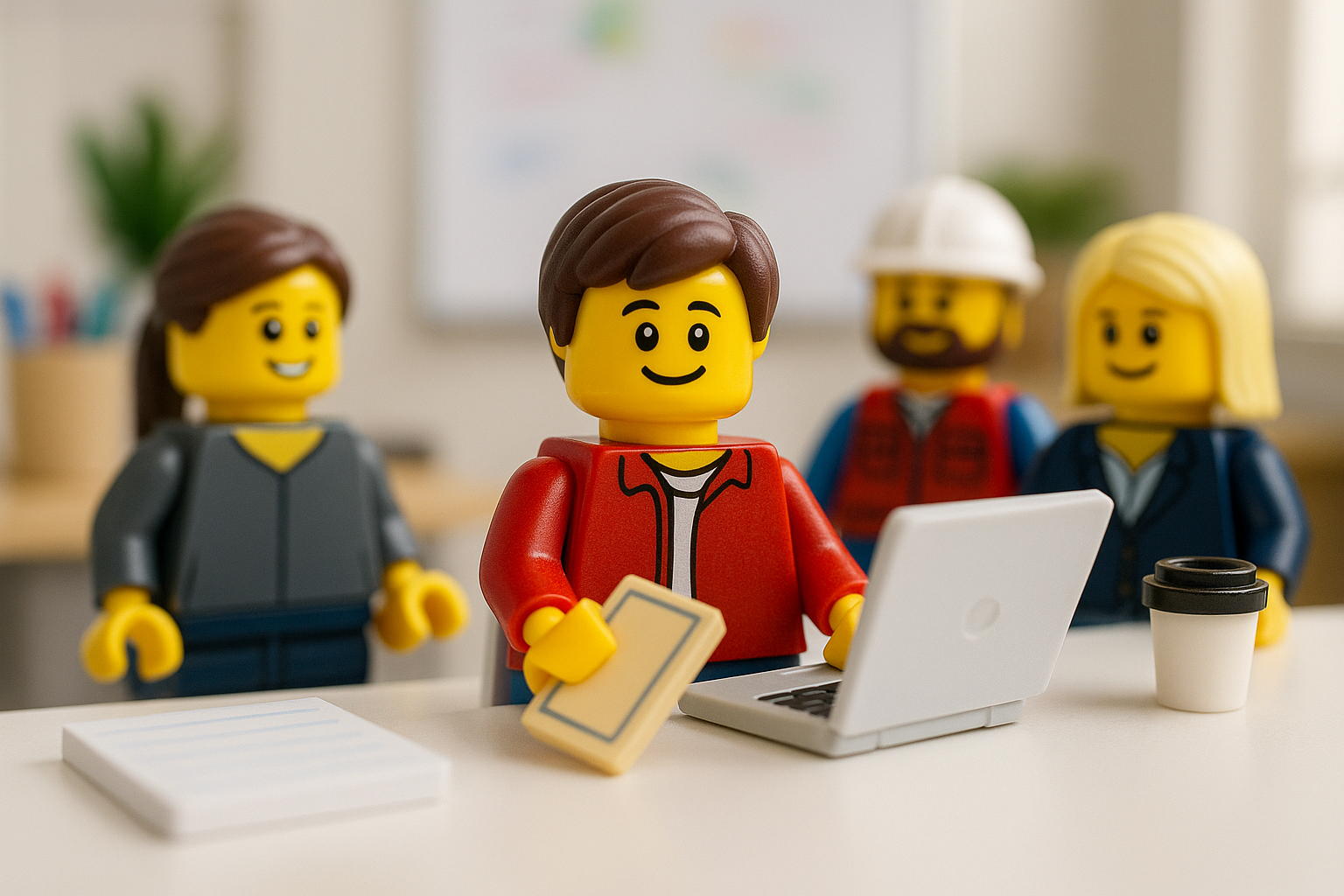 Vier Klemmbaustein-Minifiguren arbeiten gemeinsam am Laptop; im Vordergrund sitzt eine Figur mit roter Jacke, im Hintergrund stehen Kolleg:innen aus verschiedenen Bereichen.